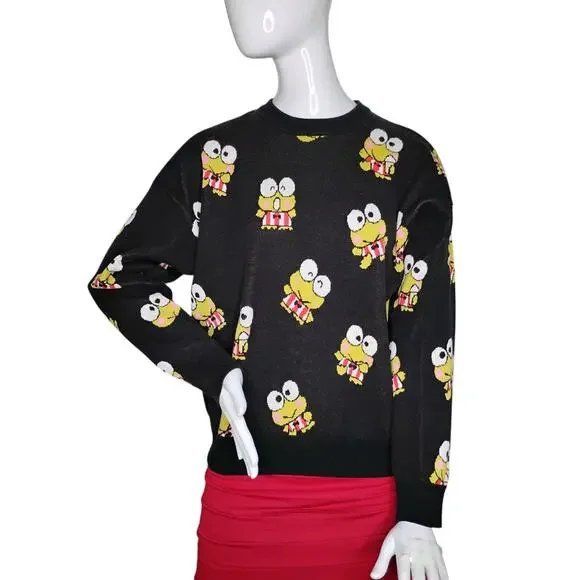 Hello Kitty & Friends by Forever 21 Knit Sweater Keroppi Print Black Green Sz L - Picture 1 of 14
